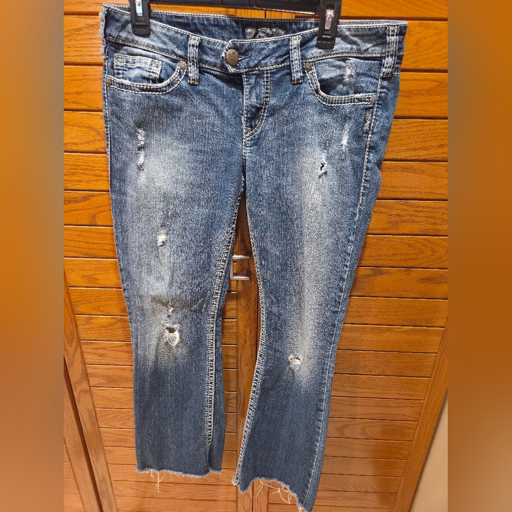 Silver Jeans Distressed Straight Leg Blue Denim